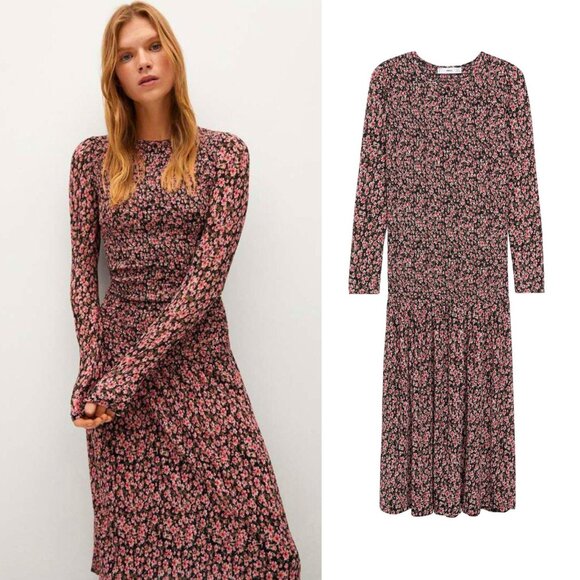 Mango MNG lightweight smocked long sleeve midi midaxi floral dress large - Picture 1 of 5